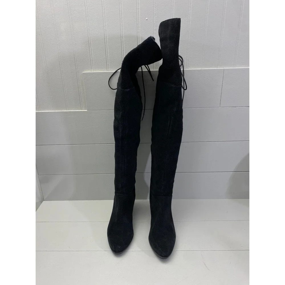 Aldo Suede Over The Knee Boots Women Size 8 Black Lace Up Block Heel OTK